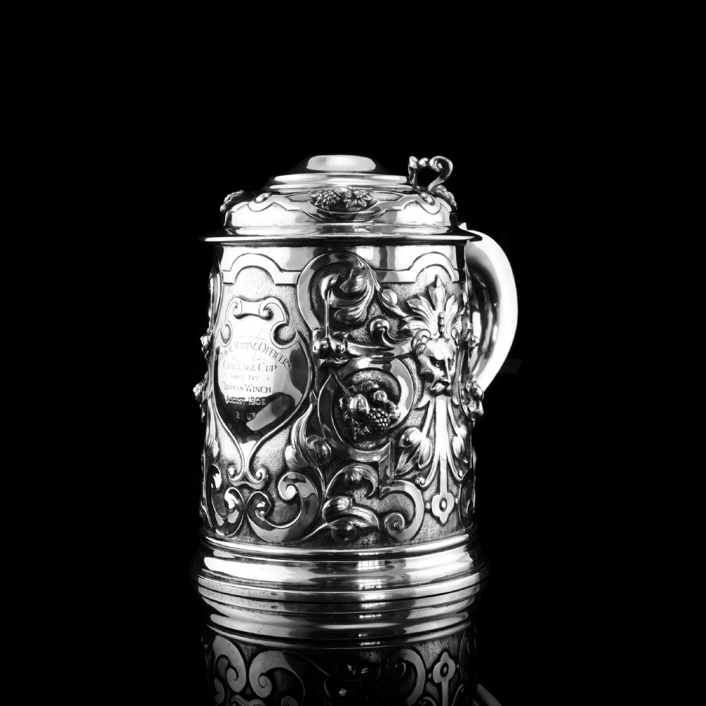 Antique Solid Sterling Silver Large Tankard with Royal Marines Officer Interest - Goldsmiths & Silversmiths Co 1900 View II