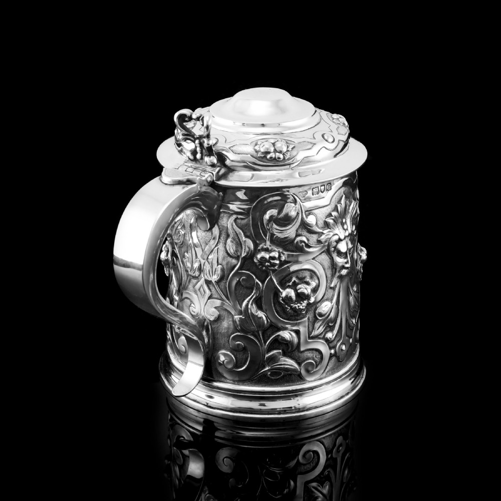 Antique Solid Sterling Silver Large Tankard with Royal Marines Officer Interest - Goldsmiths & Silversmiths Co 1900 View V
