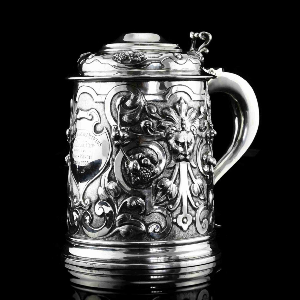Antique Solid Sterling Silver Large Tankard with Royal Marines Officer Interest - Goldsmiths & Silversmiths Co 1900