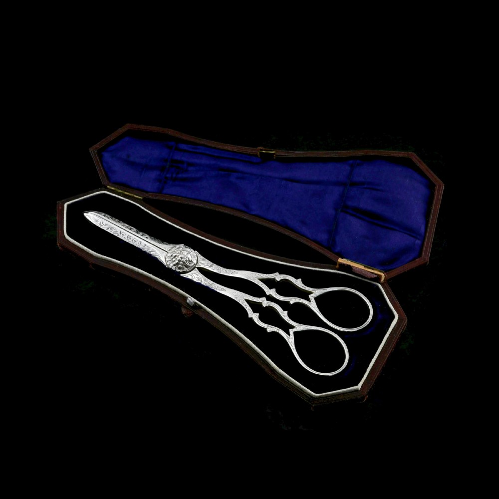 Antique Victorian Solid Silver Grape Scissors with Fine Engravings - John Gilbert 1865 View II