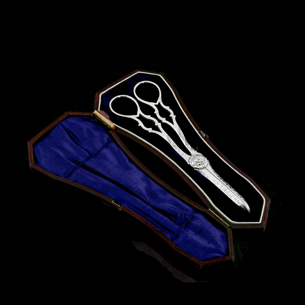 Antique Victorian Solid Silver Grape Scissors with Fine Engravings - John Gilbert 1865 View III