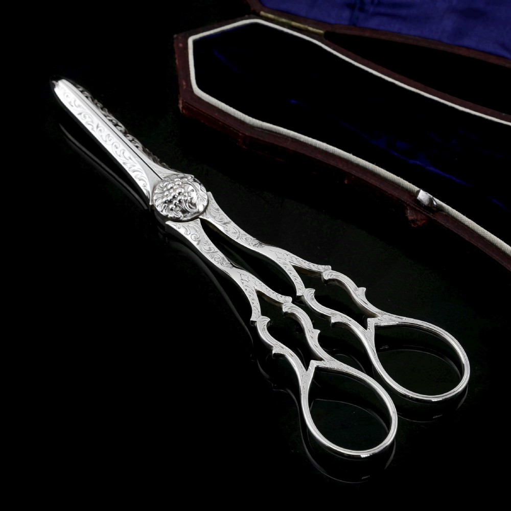 Antique Victorian Solid Silver Grape Scissors with Fine Engravings - John Gilbert 1865 View V
