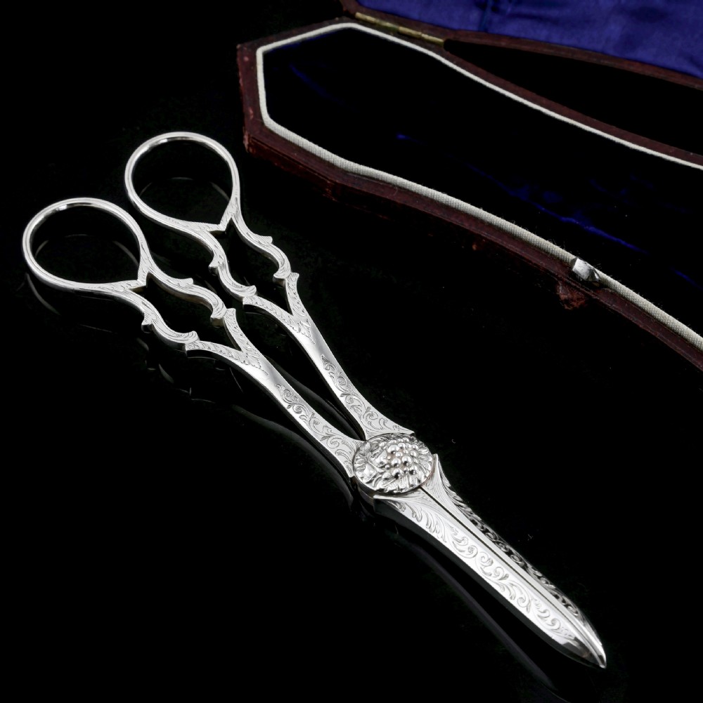 Antique Victorian Solid Silver Grape Scissors with Fine Engravings - John Gilbert 1865 View VI