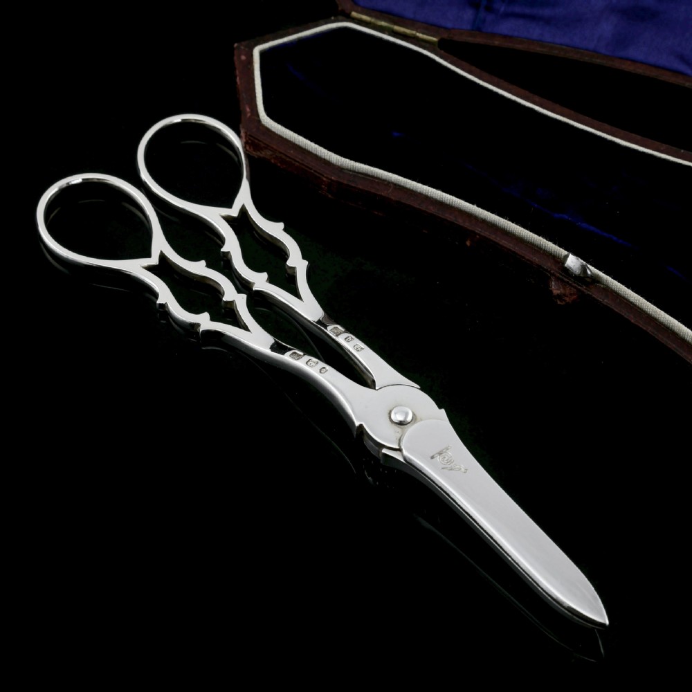 Antique Victorian Solid Silver Grape Scissors with Fine Engravings - John Gilbert 1865 View VII