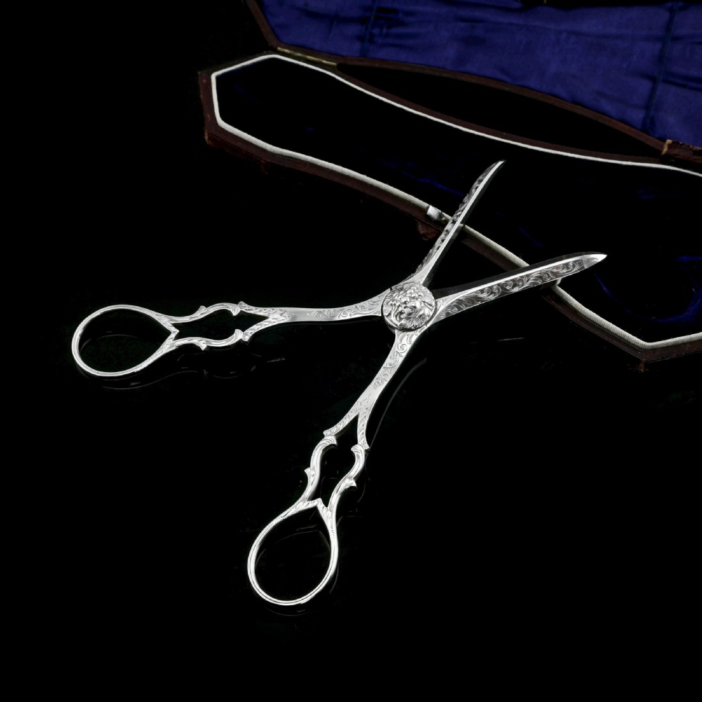 Antique Victorian Solid Silver Grape Scissors with Fine Engravings - John Gilbert 1865 View VIII