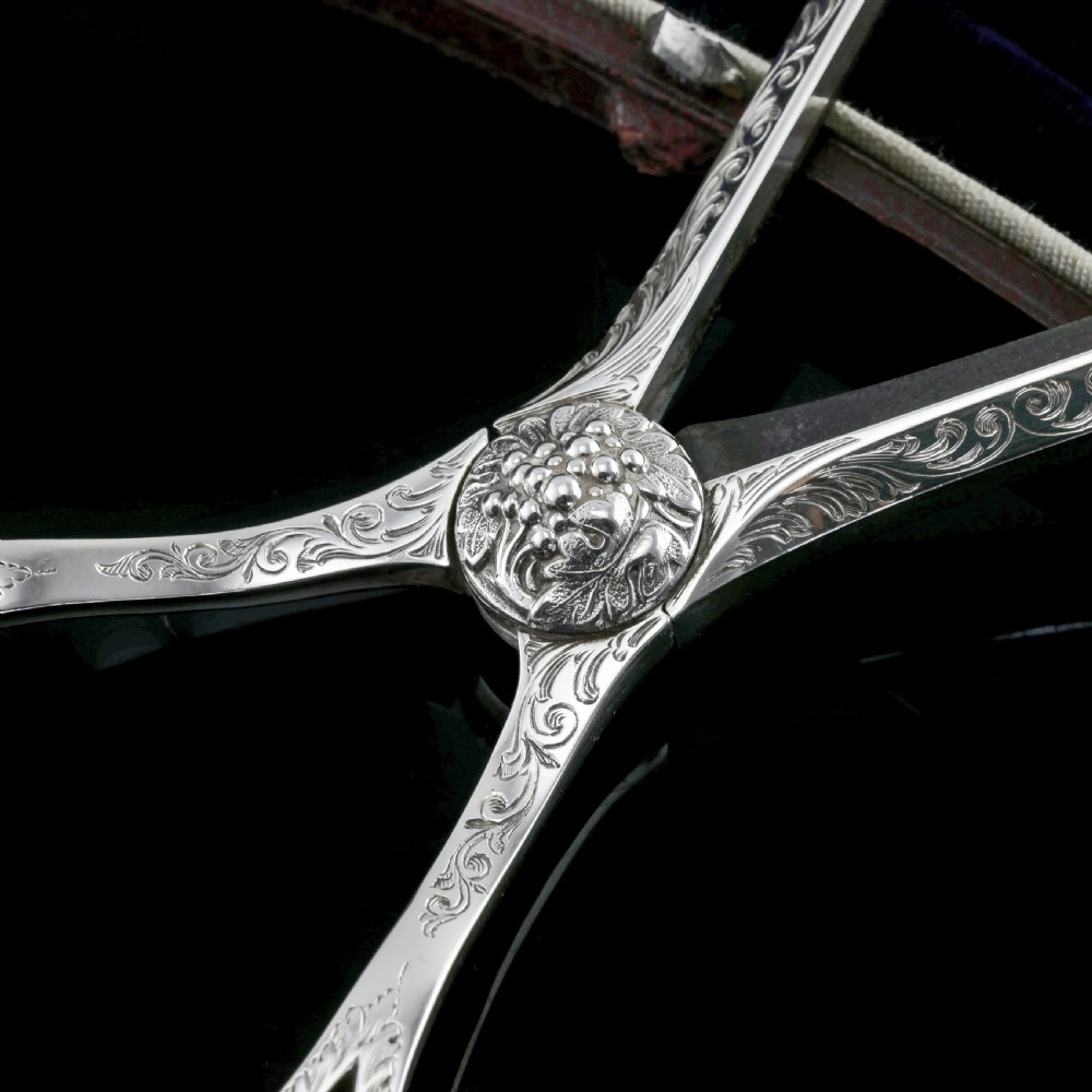 Antique Victorian Solid Silver Grape Scissors with Fine Engravings - John Gilbert 1865 View IX