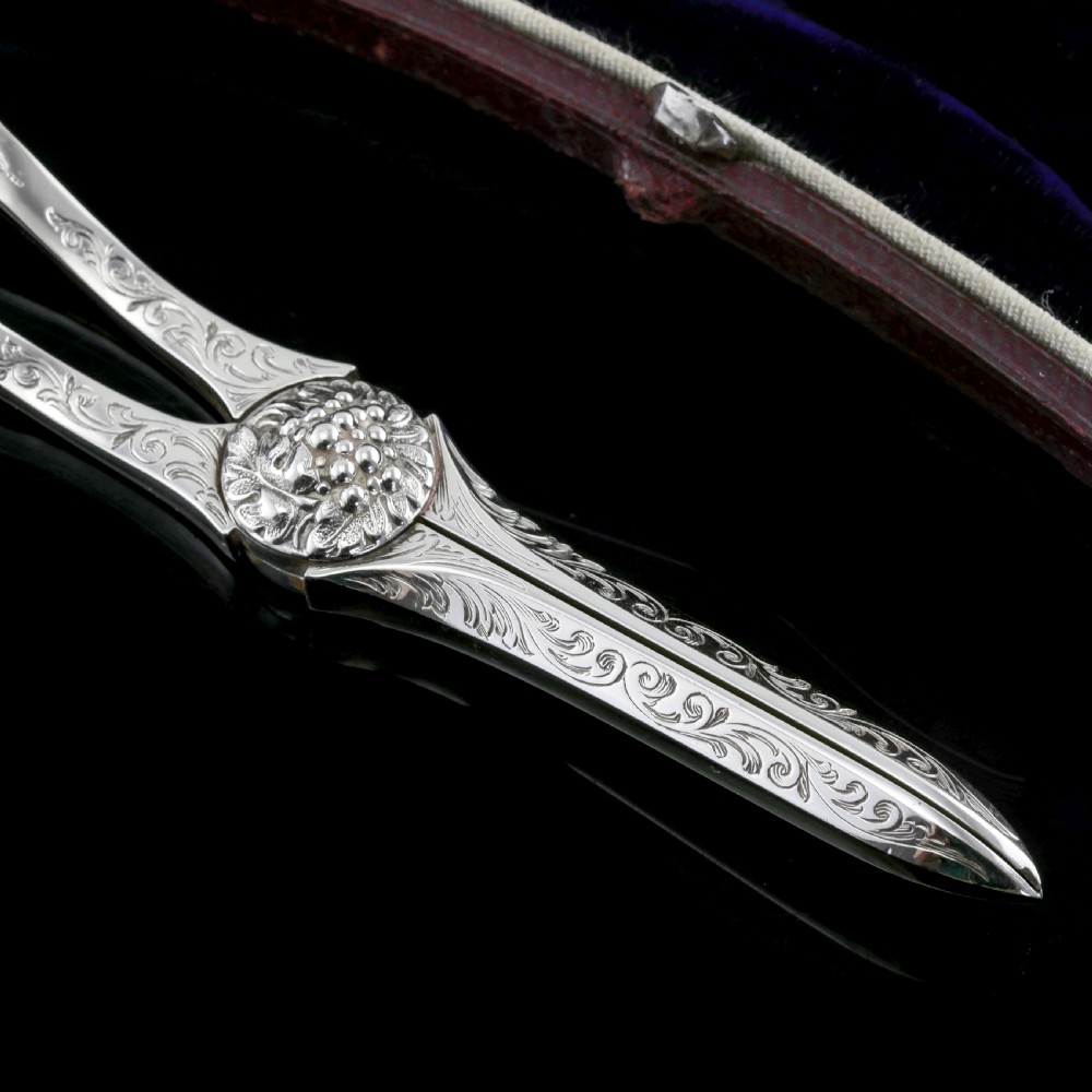 Antique Victorian Solid Silver Grape Scissors with Fine Engravings - John Gilbert 1865 View X
