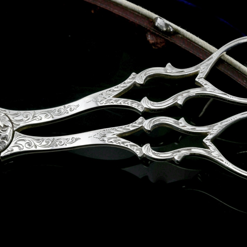 Antique Victorian Solid Silver Grape Scissors with Fine Engravings - John Gilbert 1865 View XI