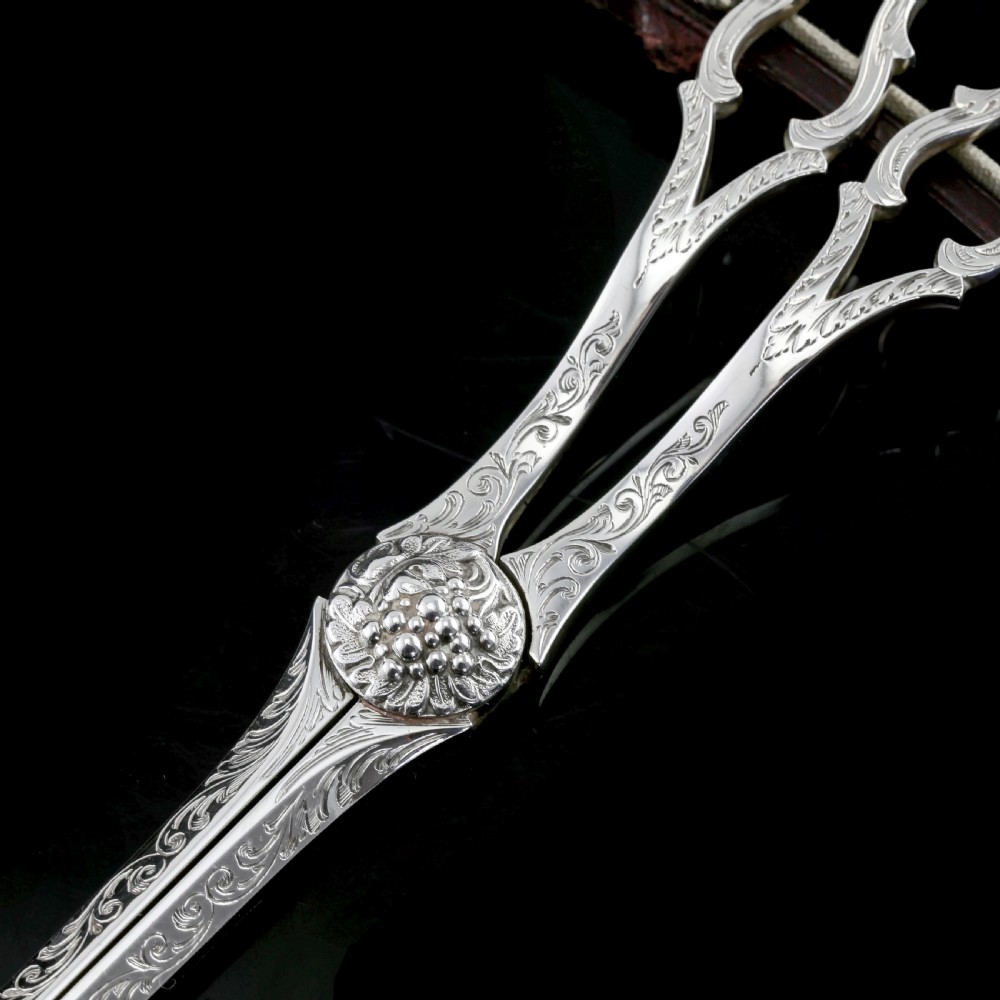 Antique Victorian Solid Silver Grape Scissors with Fine Engravings - John Gilbert 1865 View XII