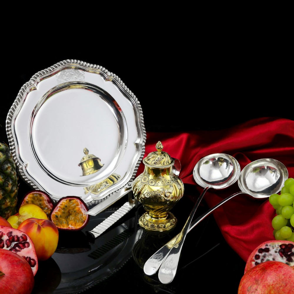 Antique Solid Silver Dish with Coat of Arms for Michael Bass, 1st Baron Burton - Garrard 1888 View XXI