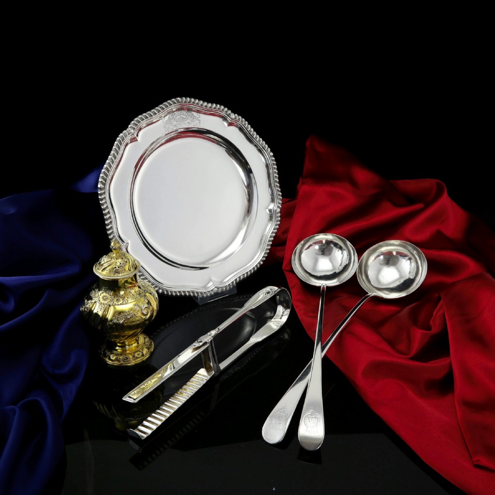 Antique Solid Silver Dish with Coat of Arms for Michael Bass, 1st Baron Burton - Garrard 1888 View XXV
