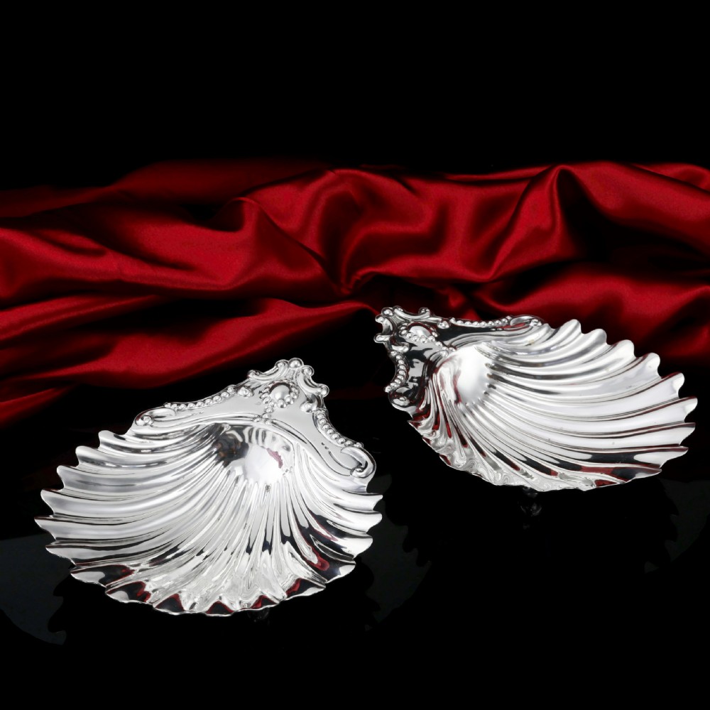 Antique Victorian Solid Silver Pair of Butter Dishes, Shell Design - Josiah Williams & Co 1894