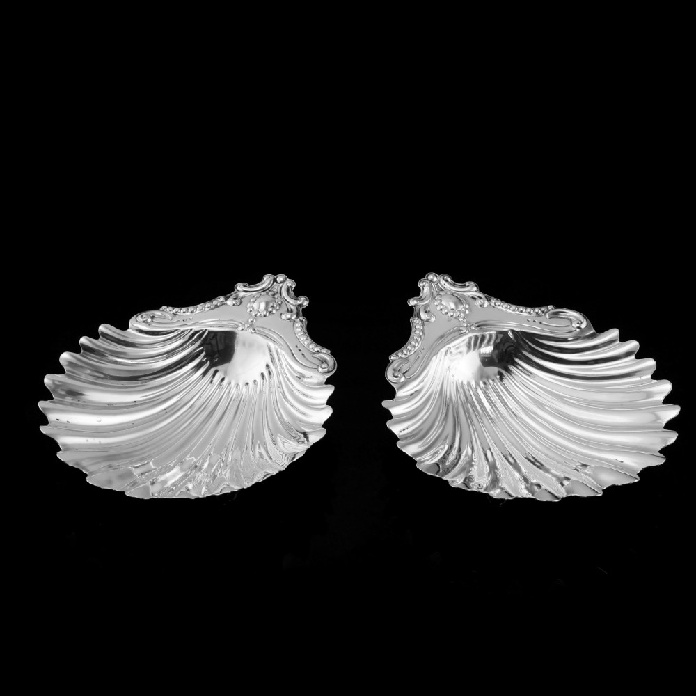 Antique Victorian Solid Silver Pair of Butter Dishes, Shell Design - Josiah Williams & Co 1894 View II