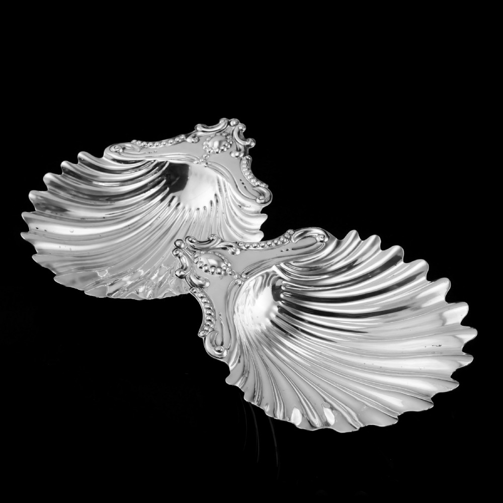 Antique Victorian Solid Silver Pair of Butter Dishes, Shell Design - Josiah Williams & Co 1894 View III