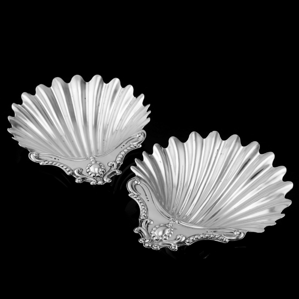 Antique Victorian Solid Silver Pair of Butter Dishes, Shell Design - Josiah Williams & Co 1894 View V
