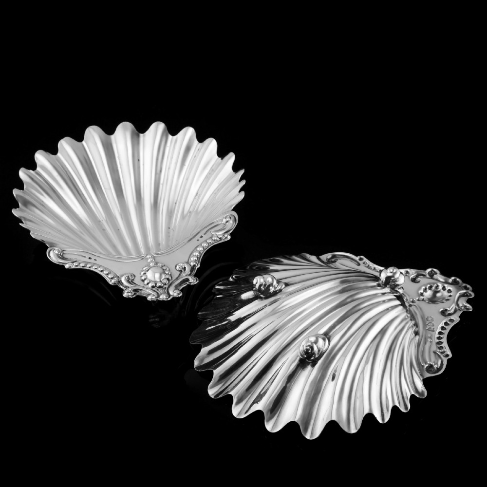 Antique Victorian Solid Silver Pair of Butter Dishes, Shell Design - Josiah Williams & Co 1894 View VI
