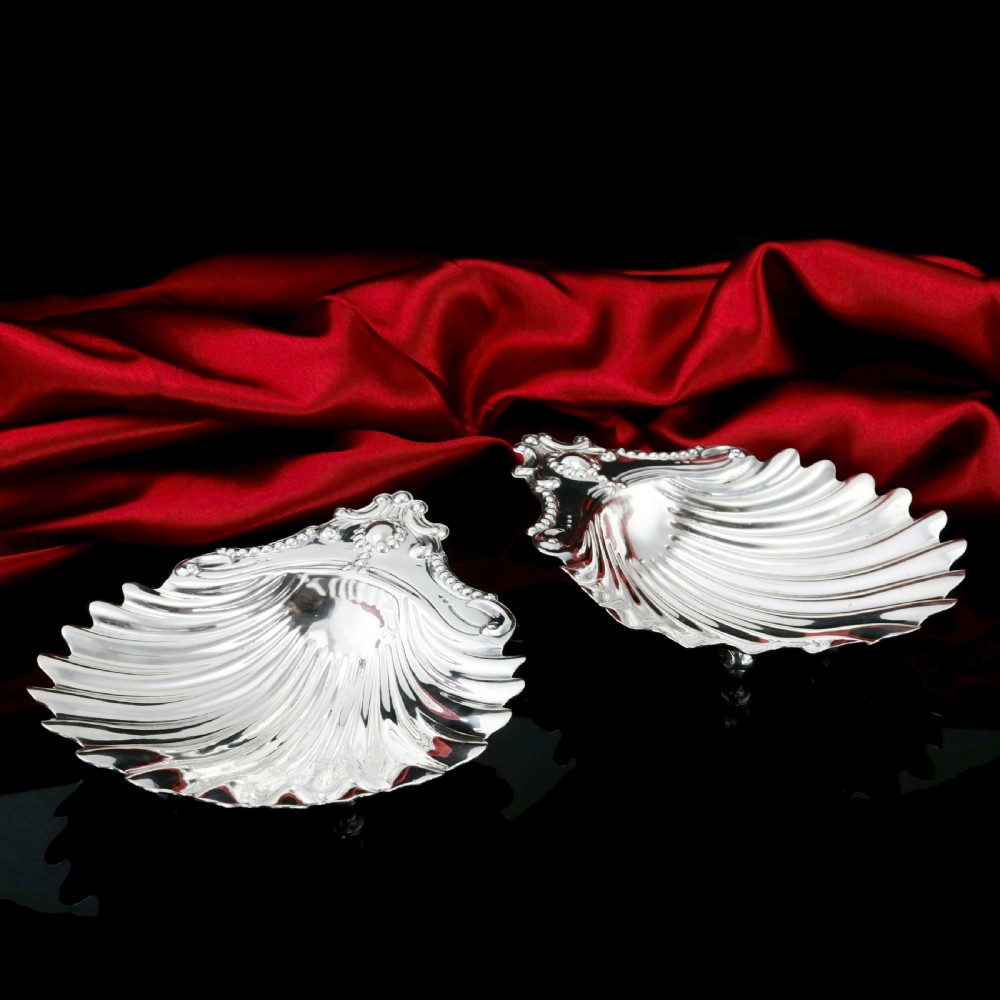 Antique Victorian Solid Silver Pair of Butter Dishes, Shell Design - Josiah Williams & Co 1894 View X