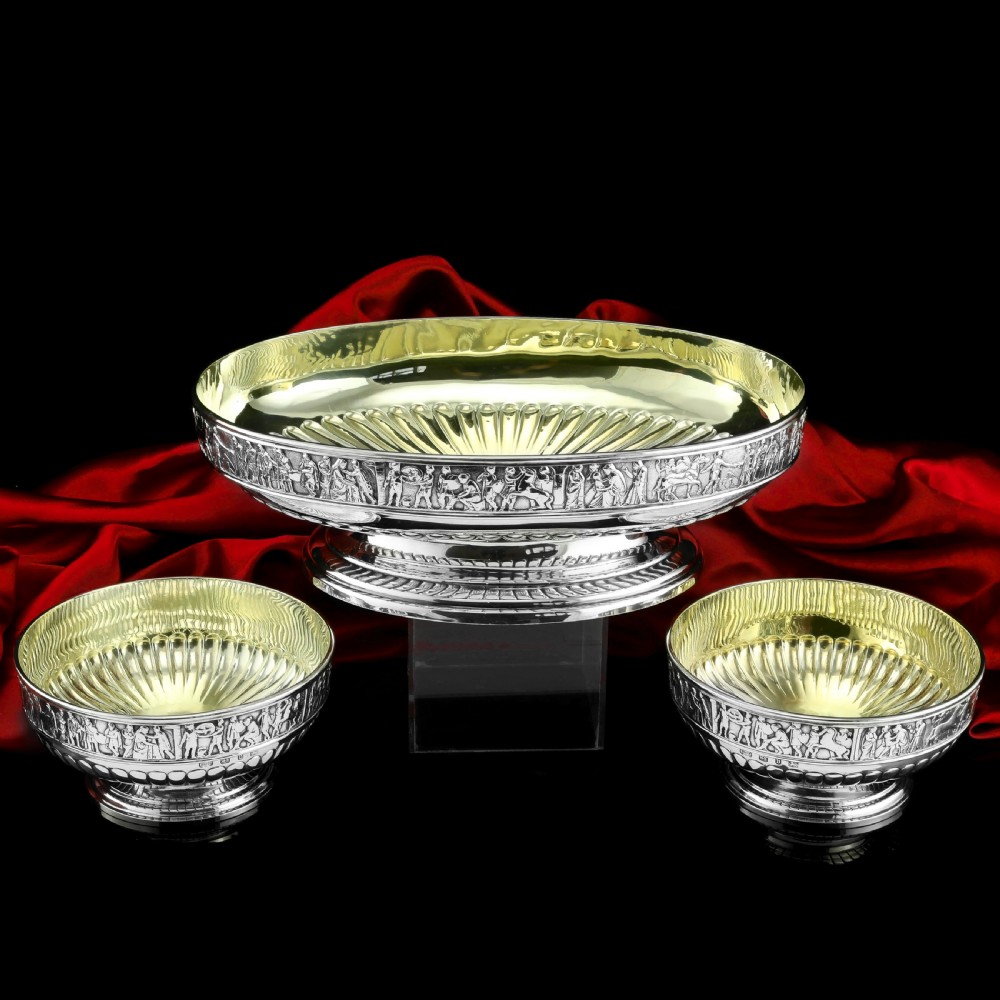 Antique English Large Solid Silver Bowls, Set of 3 with Roman Frieze - Elkington & Co 1895