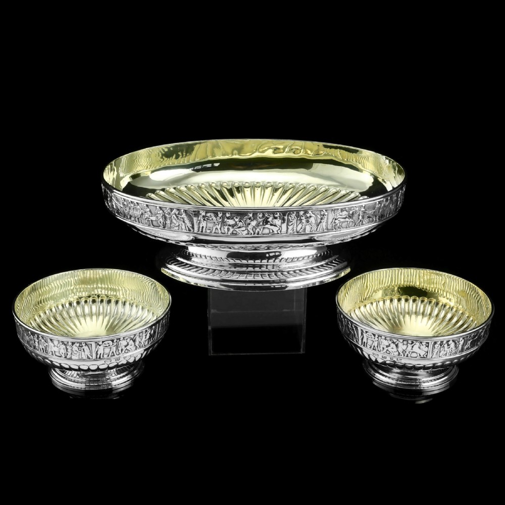 Antique English Large Solid Silver Bowls, Set of 3 with Roman Frieze - Elkington & Co 1895 View II