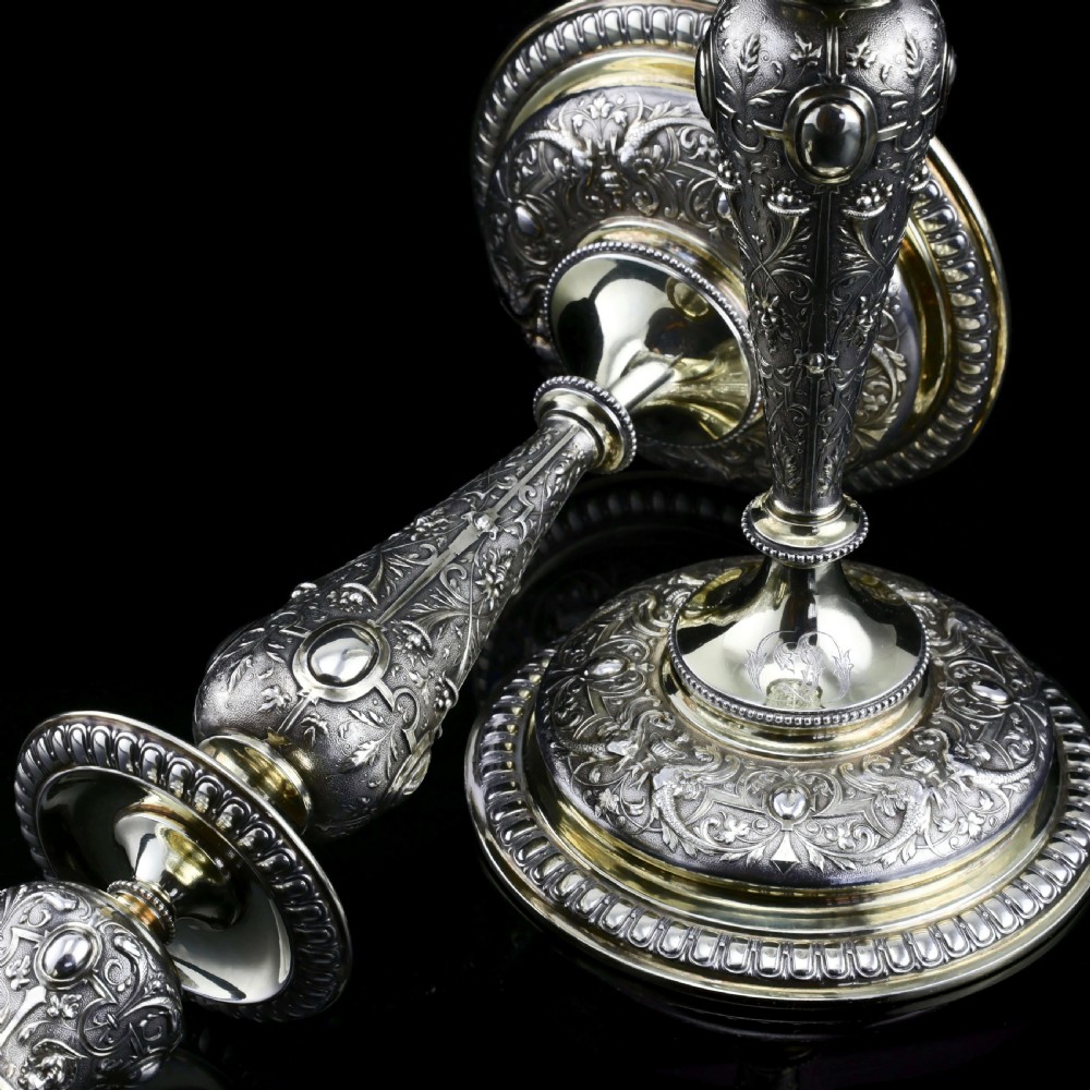 Magnificent Pair of Antique Solid Silver Parcel Gilt Candlesticks - c.1890s View III