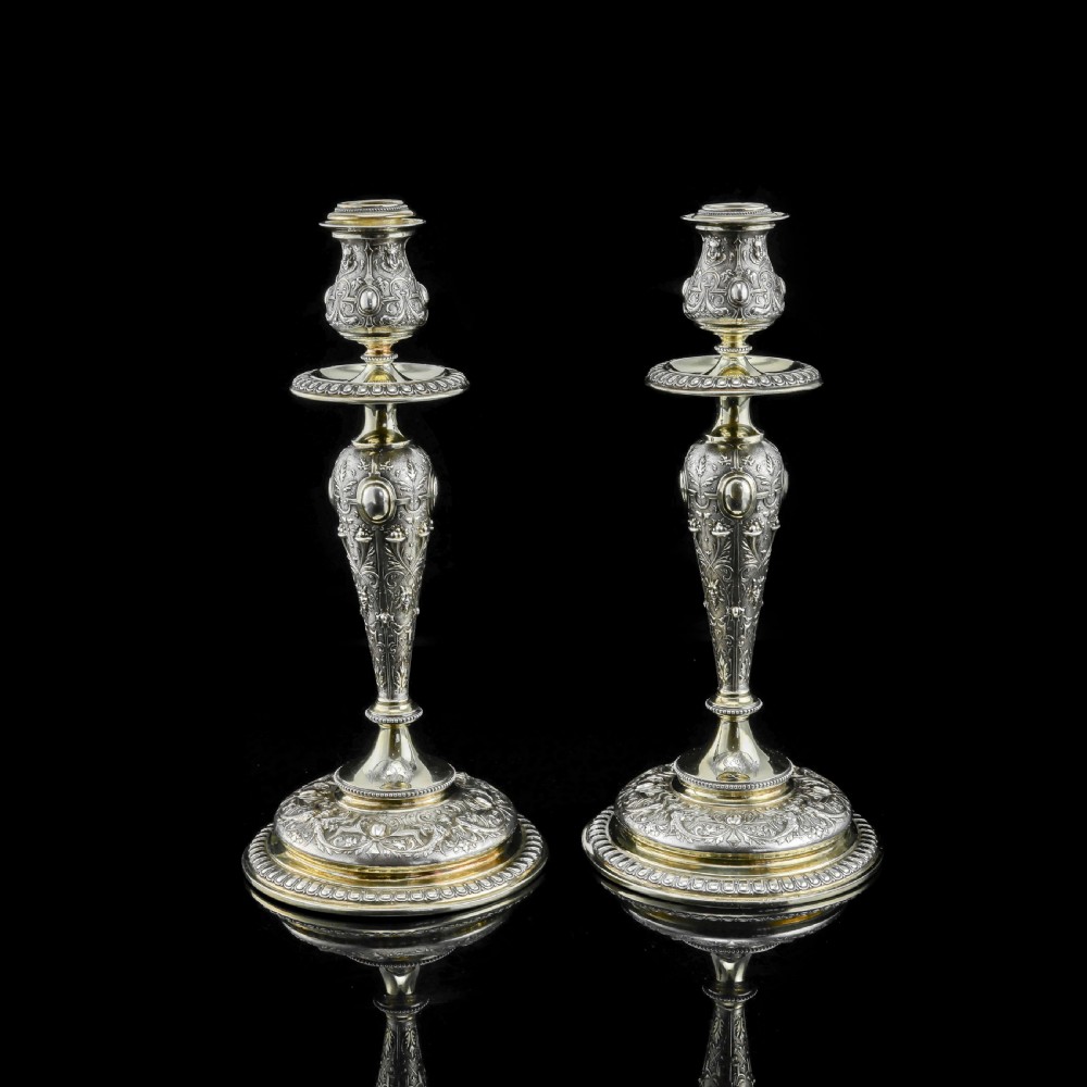 Magnificent Pair of Antique Solid Silver Parcel Gilt Candlesticks - c.1890s View IV