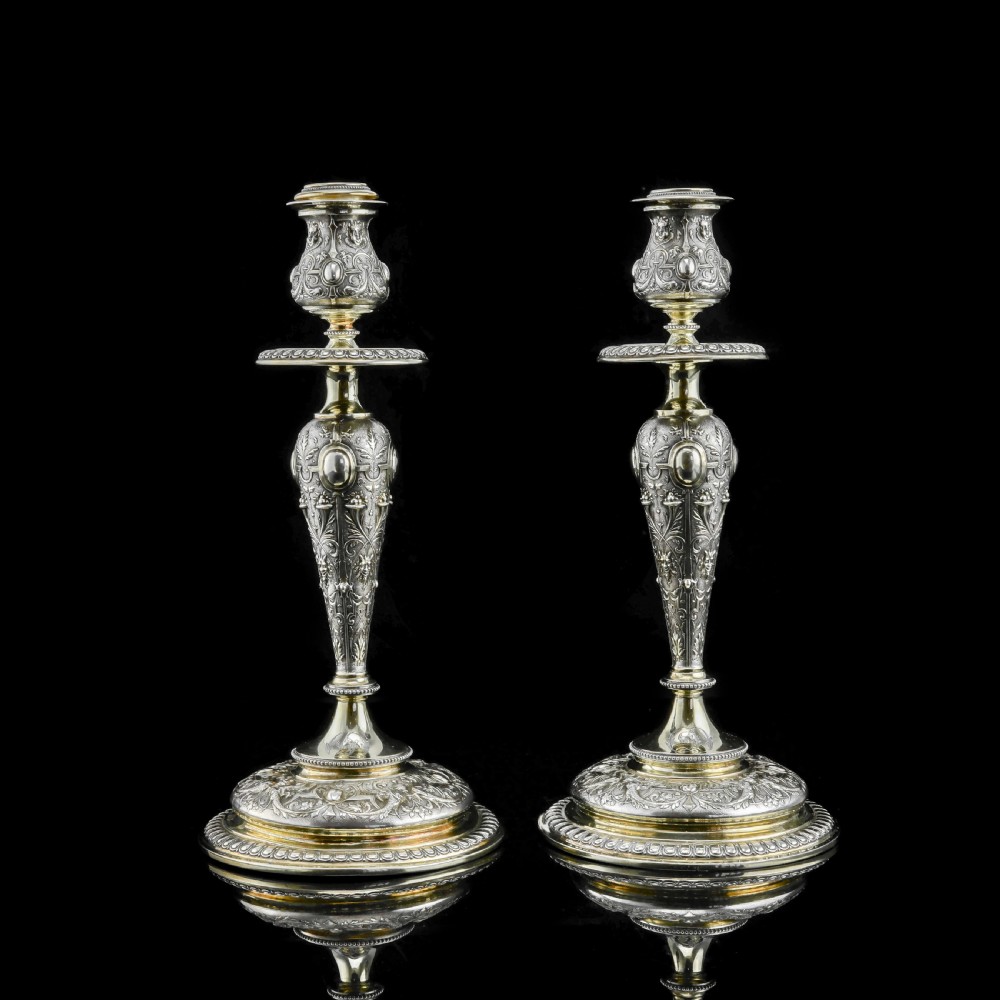 Magnificent Pair of Antique Solid Silver Parcel Gilt Candlesticks - c.1890s View V