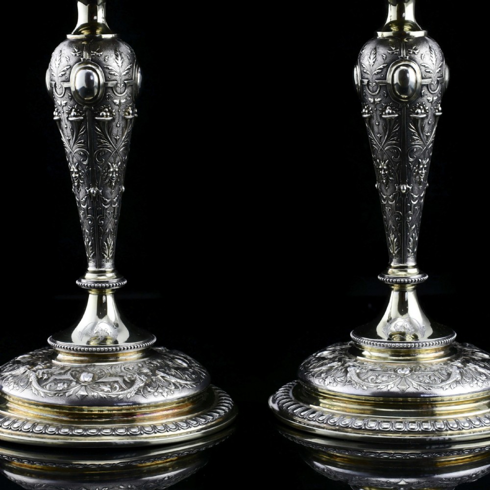 Magnificent Pair of Antique Solid Silver Parcel Gilt Candlesticks - c.1890s View VI