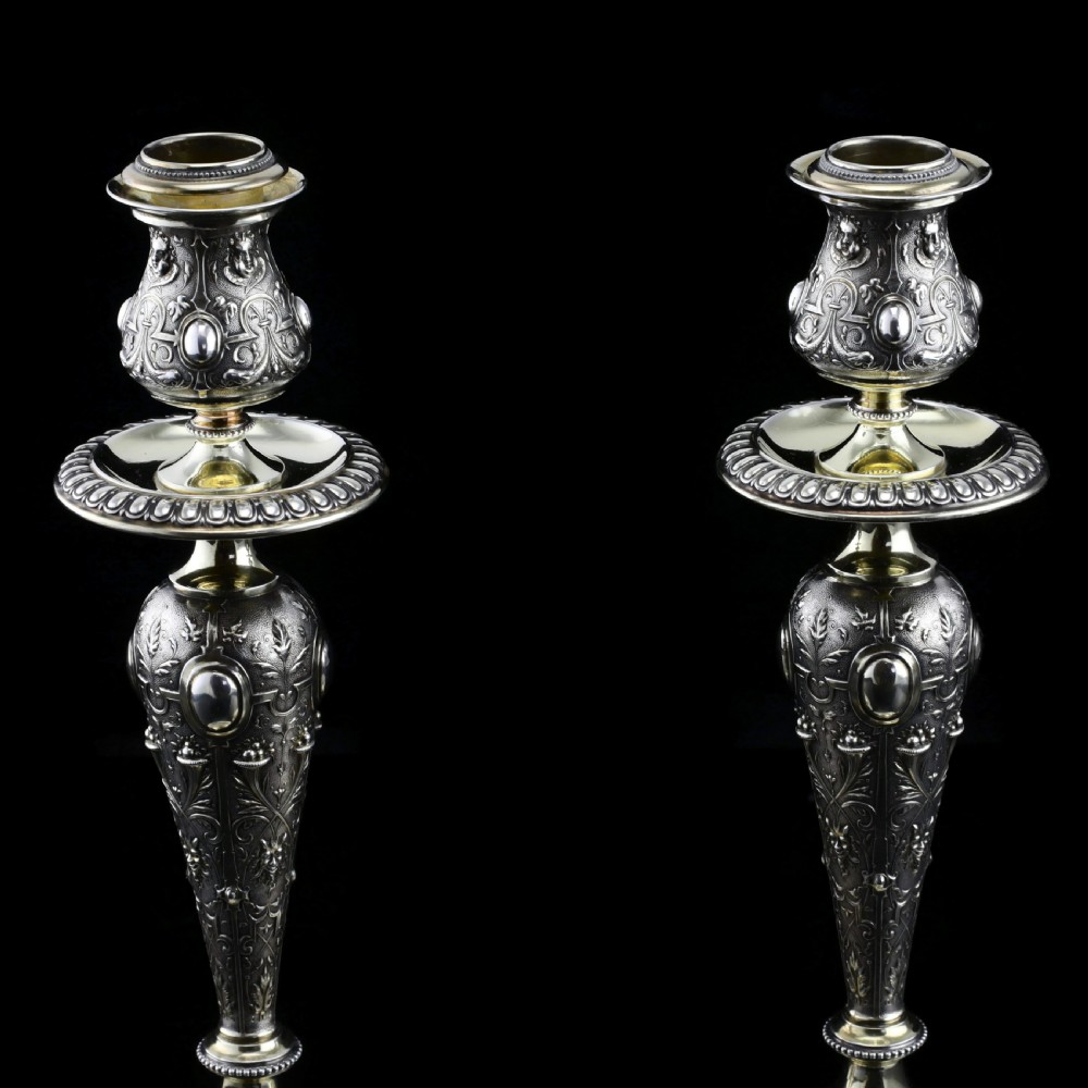 Magnificent Pair of Antique Solid Silver Parcel Gilt Candlesticks - c.1890s View VII