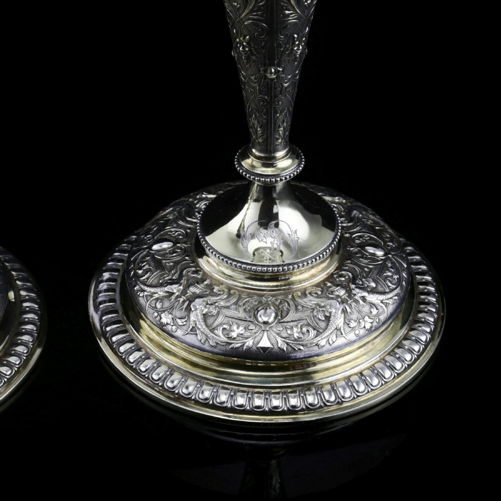Magnificent Pair of Antique Solid Silver Parcel Gilt Candlesticks - c.1890s View VIII