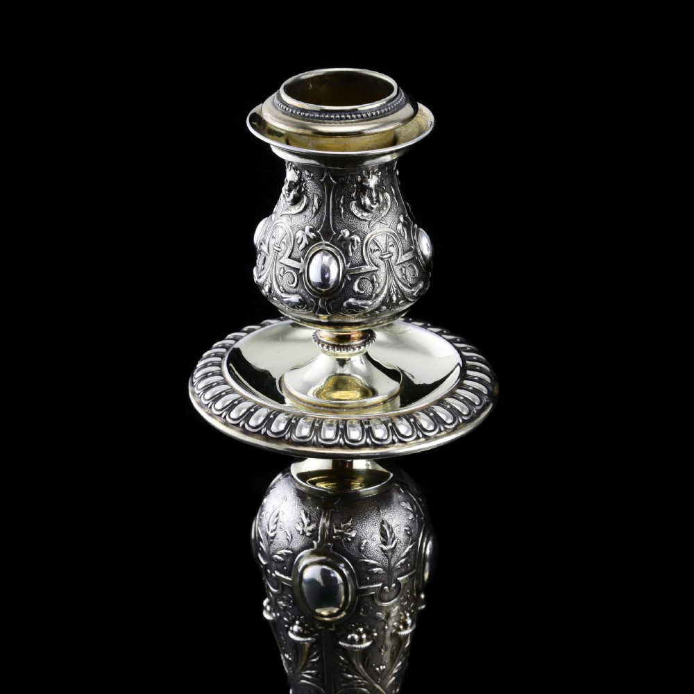Magnificent Pair of Antique Solid Silver Parcel Gilt Candlesticks - c.1890s View IX