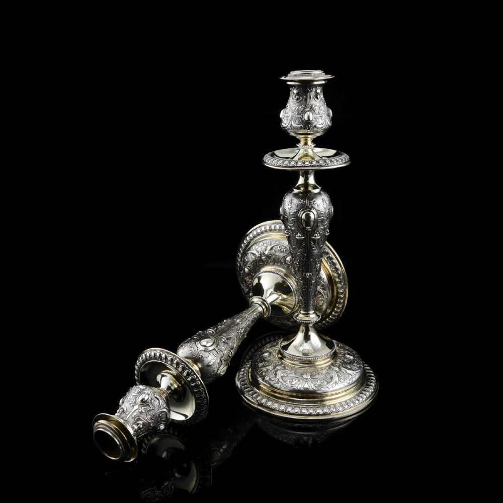 Magnificent Pair of Antique Solid Silver Parcel Gilt Candlesticks - c.1890s View X
