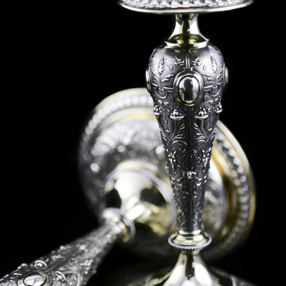 Magnificent Pair of Antique Solid Silver Parcel Gilt Candlesticks - c.1890s View XI