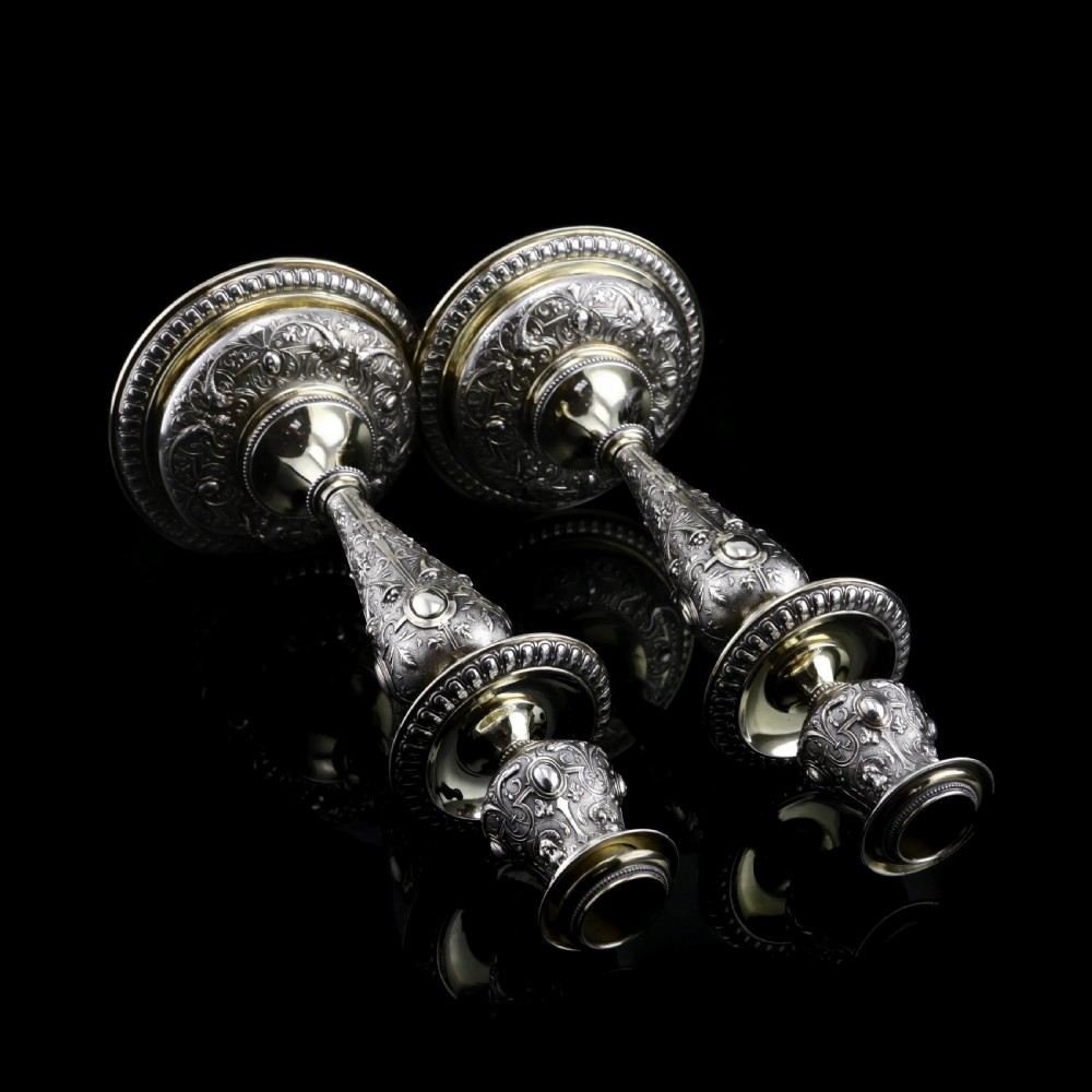Magnificent Pair of Antique Solid Silver Parcel Gilt Candlesticks - c.1890s View XII