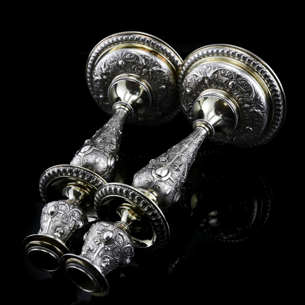 Magnificent Pair of Antique Solid Silver Parcel Gilt Candlesticks - c.1890s View XIII