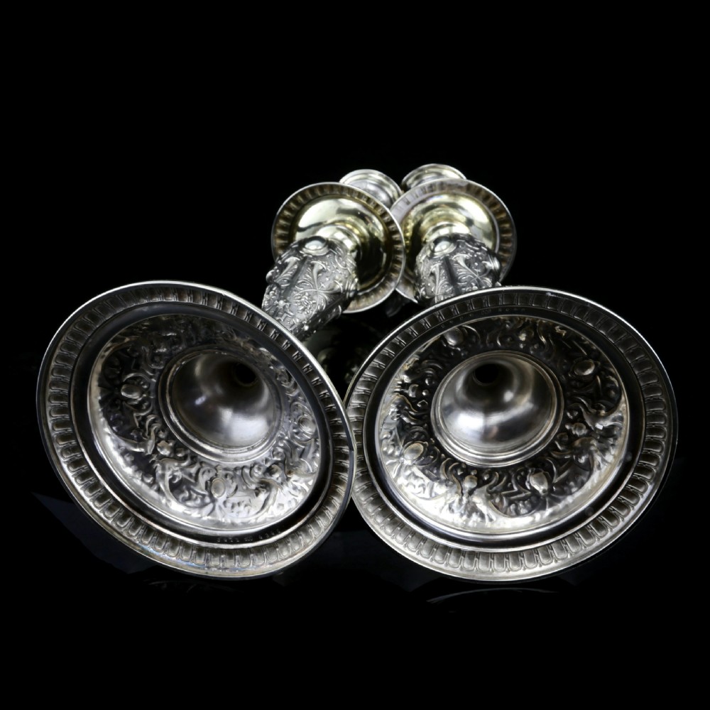 Magnificent Pair of Antique Solid Silver Parcel Gilt Candlesticks - c.1890s View XIV