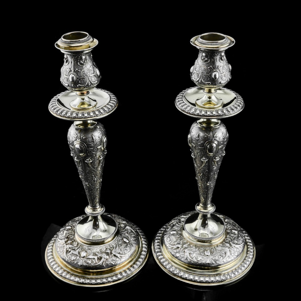 Magnificent Pair of Antique Solid Silver Parcel Gilt Candlesticks - c.1890s View XV