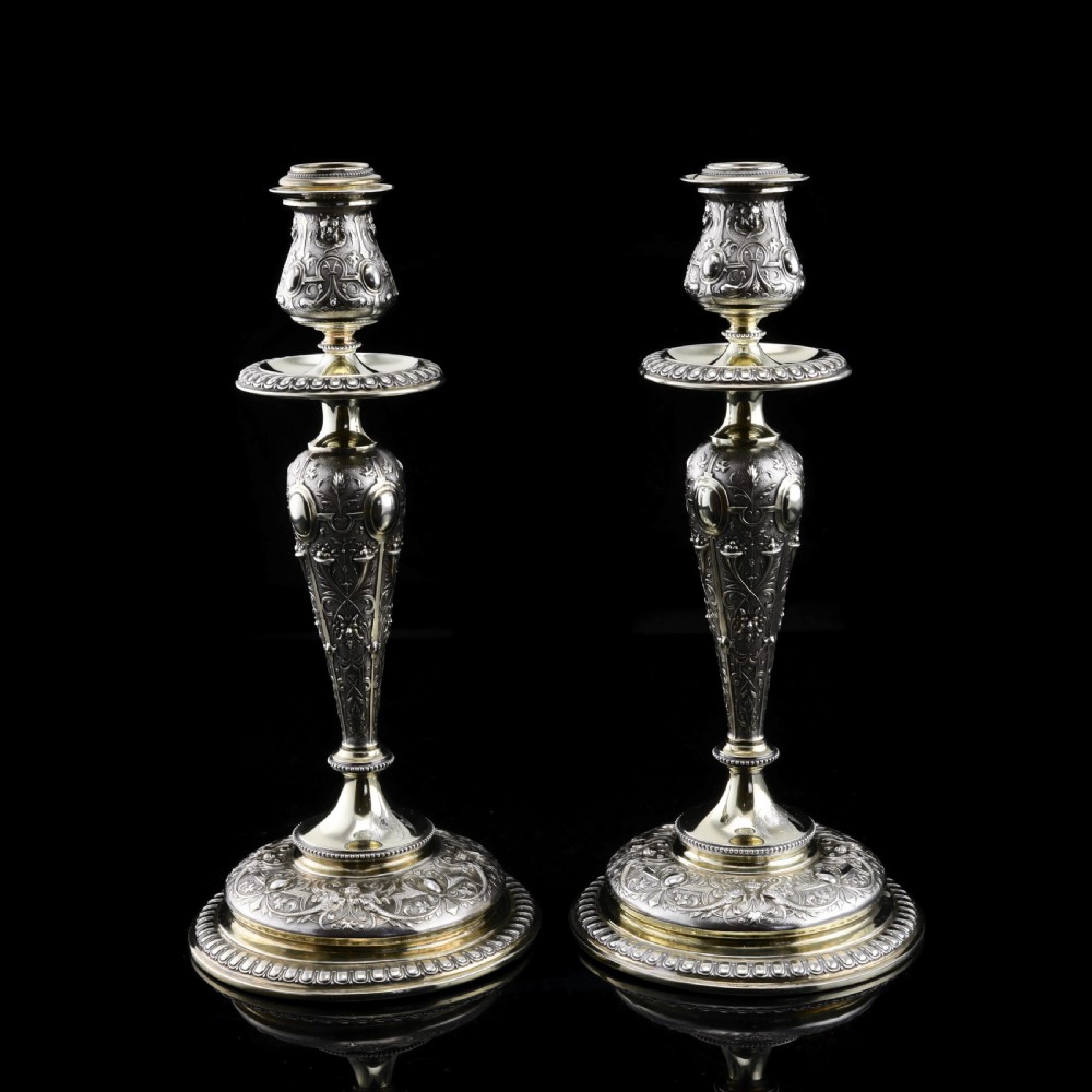 Magnificent Pair of Antique Solid Silver Parcel Gilt Candlesticks - c.1890s View XVI