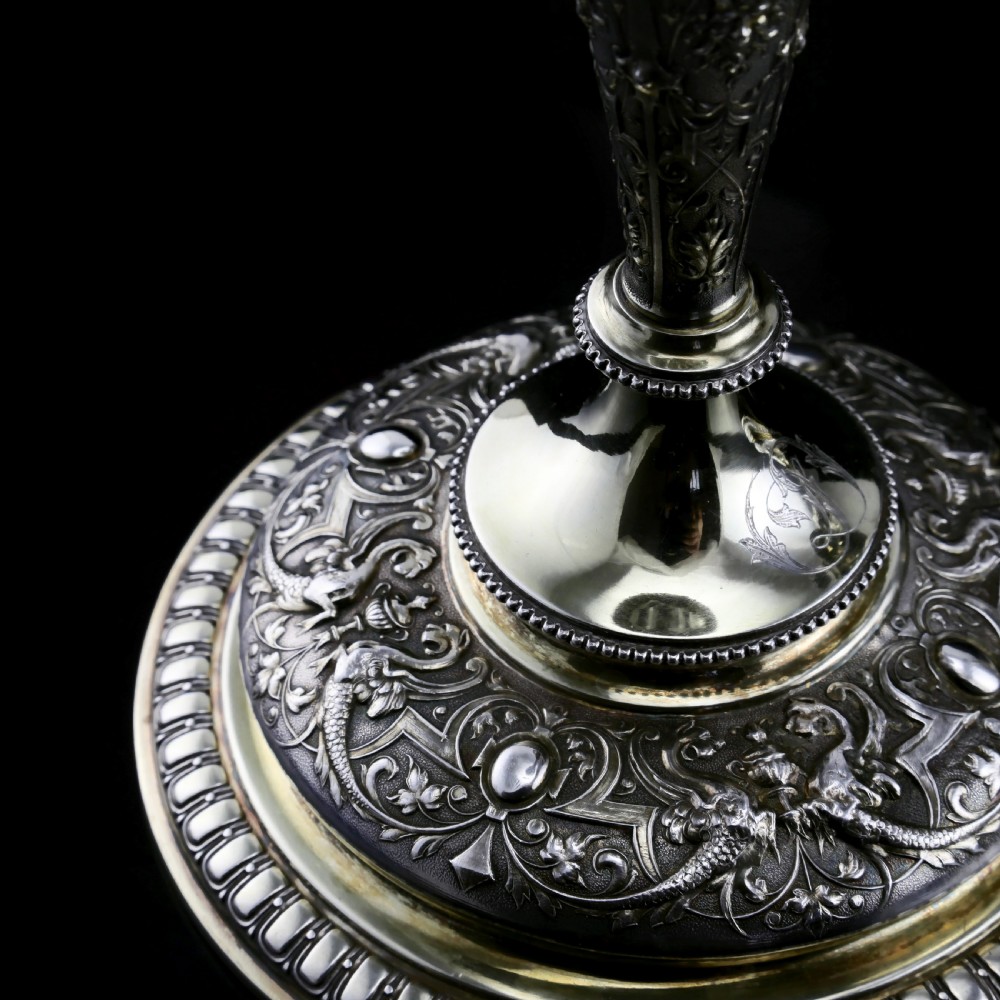 Magnificent Pair of Antique Solid Silver Parcel Gilt Candlesticks - c.1890s View XVII