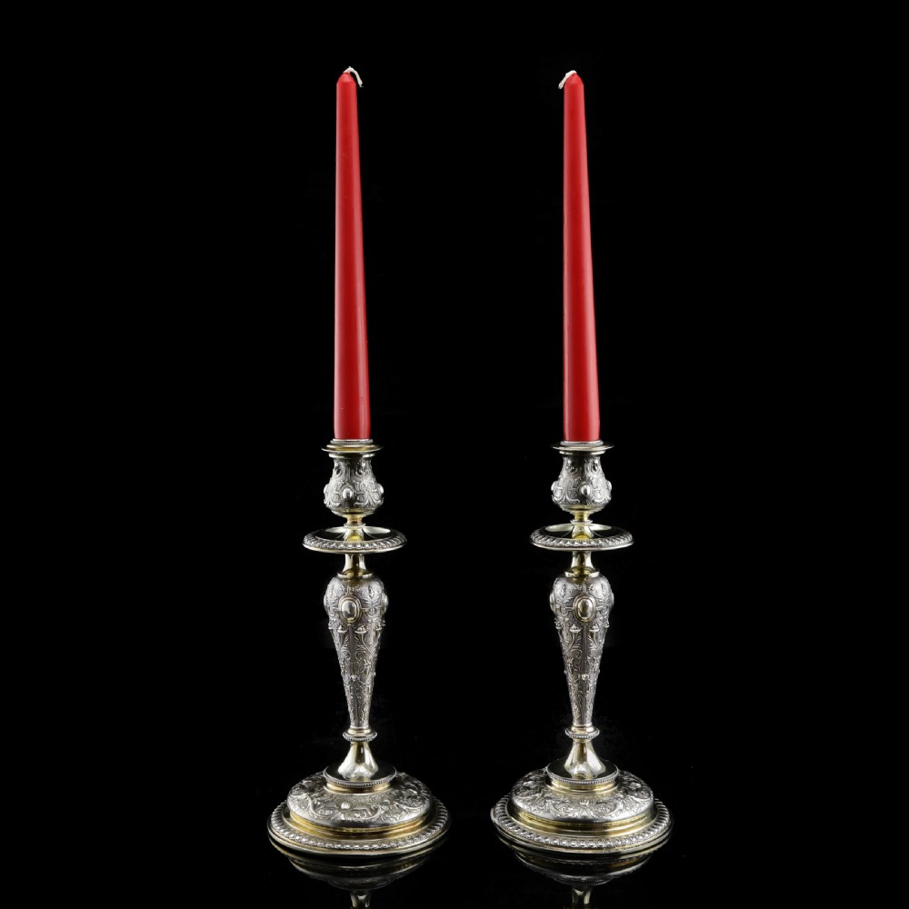 Magnificent Pair of Antique Solid Silver Parcel Gilt Candlesticks - c.1890s View XX