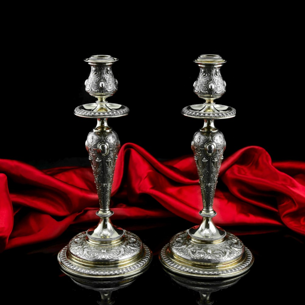 Magnificent Pair of Antique Solid Silver Parcel Gilt Candlesticks - c.1890s View XXIII