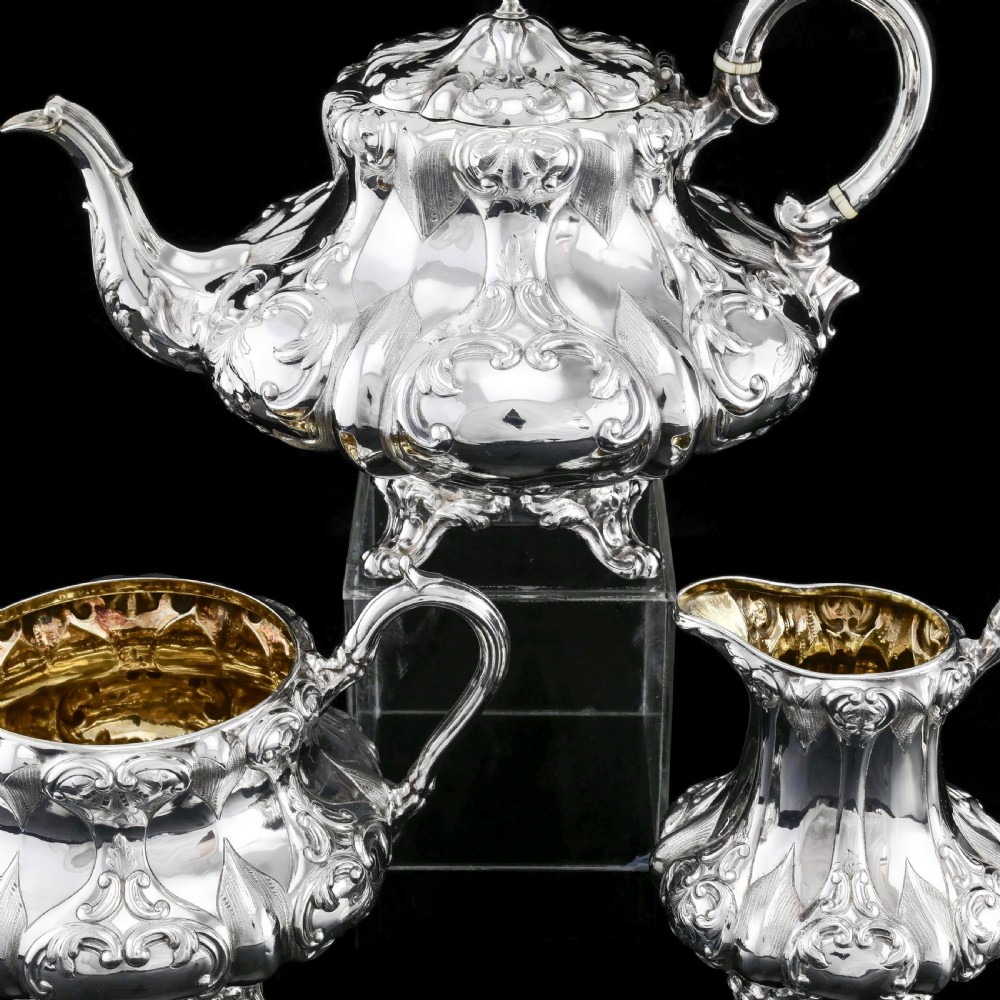 Antique Solid Silver Victorian Tea Set with Beautiful Chased Decoration - Roberts & Slater 1849 View V
