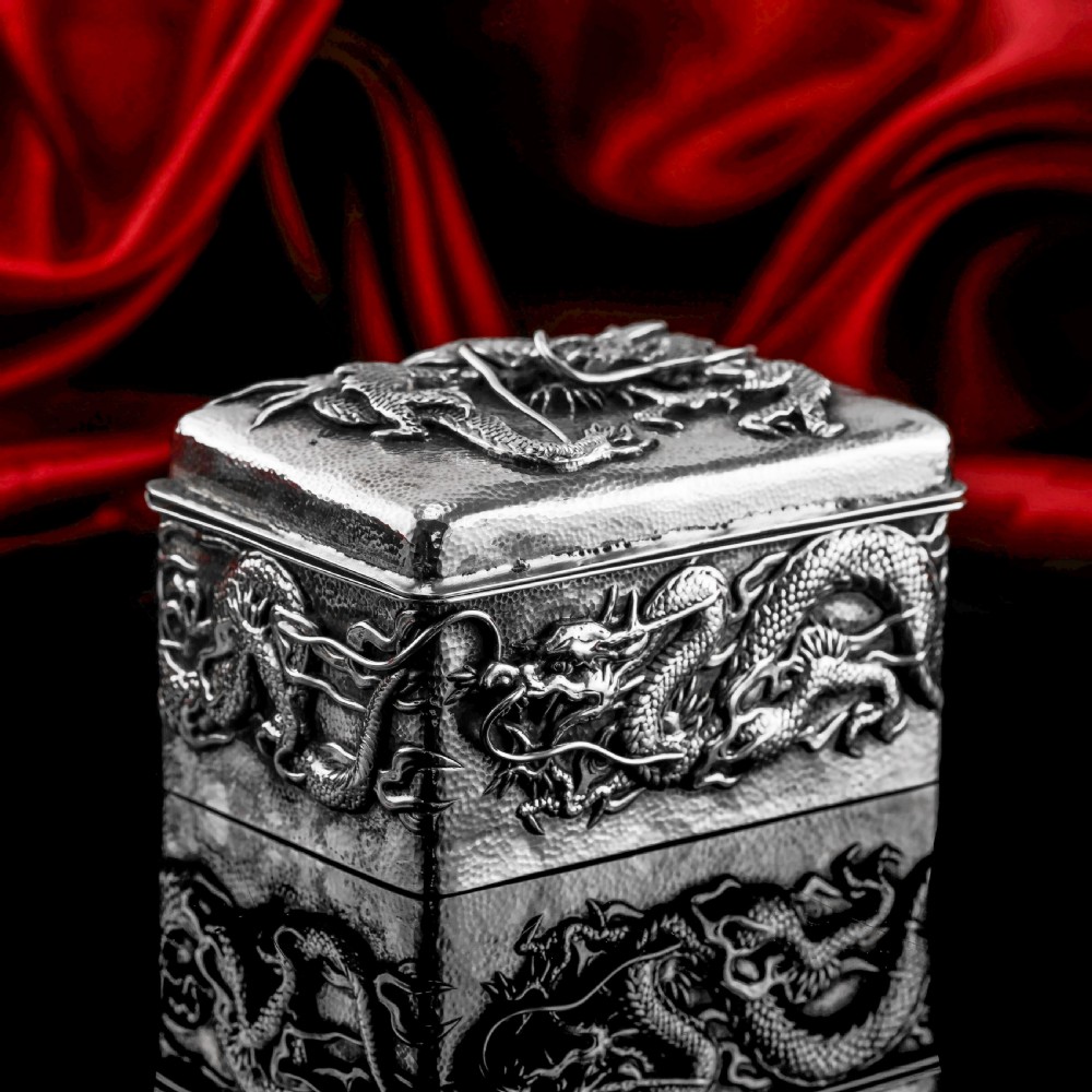 Antique Japanese Solid Silver Box with Embossed Dragons - Meiji Period c.1900 View II
