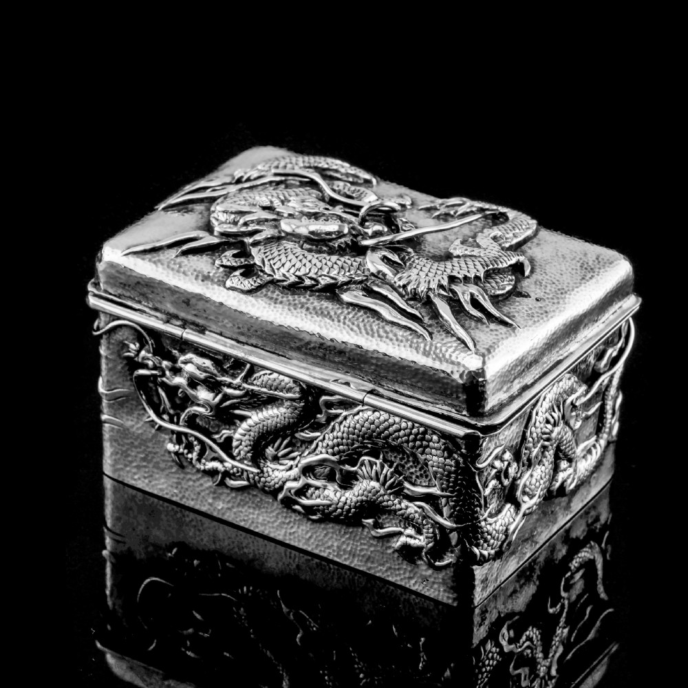 Antique Japanese Solid Silver Box with Embossed Dragons - Meiji Period c.1900 View VI