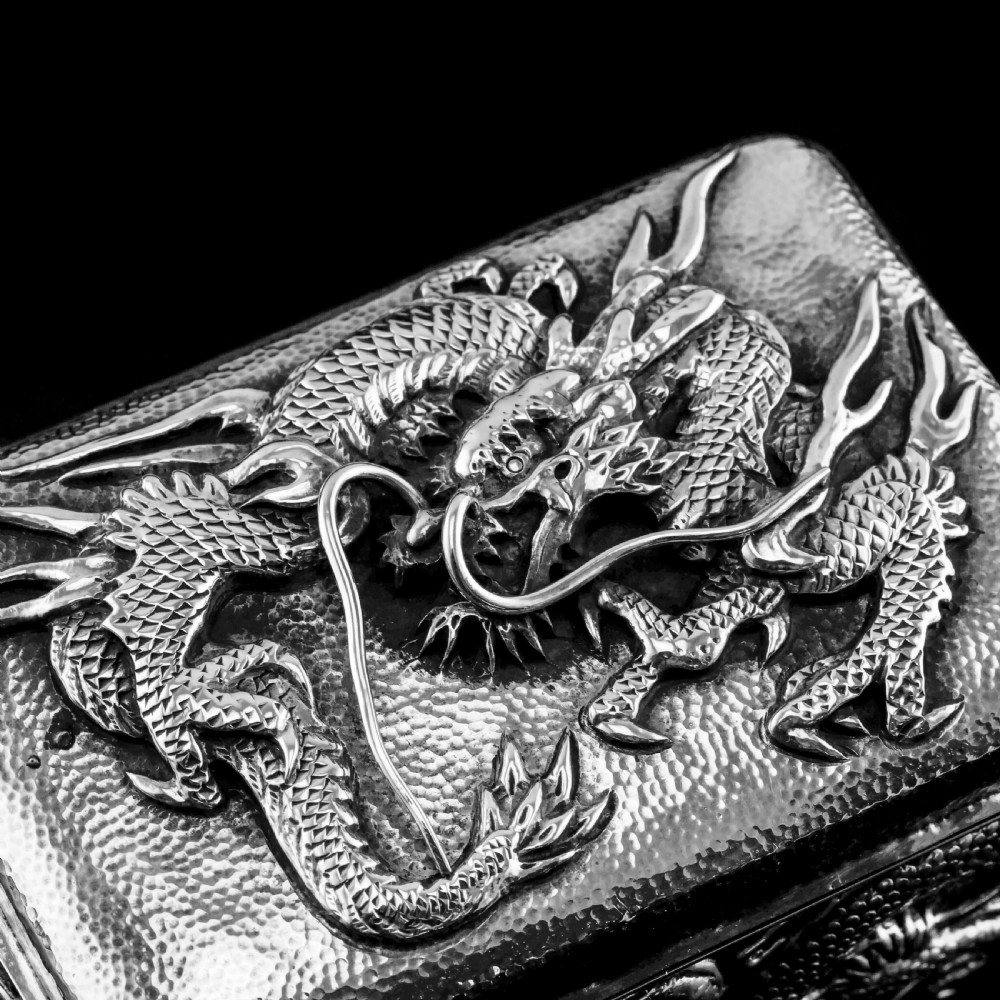 Antique Japanese Solid Silver Box with Embossed Dragons - Meiji Period c.1900 View X