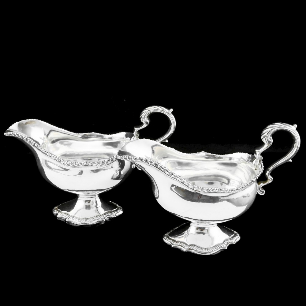 Antique Pair of Georgian Solid Silver Pedestal Sauce Boats - William Collins 1774 View IV