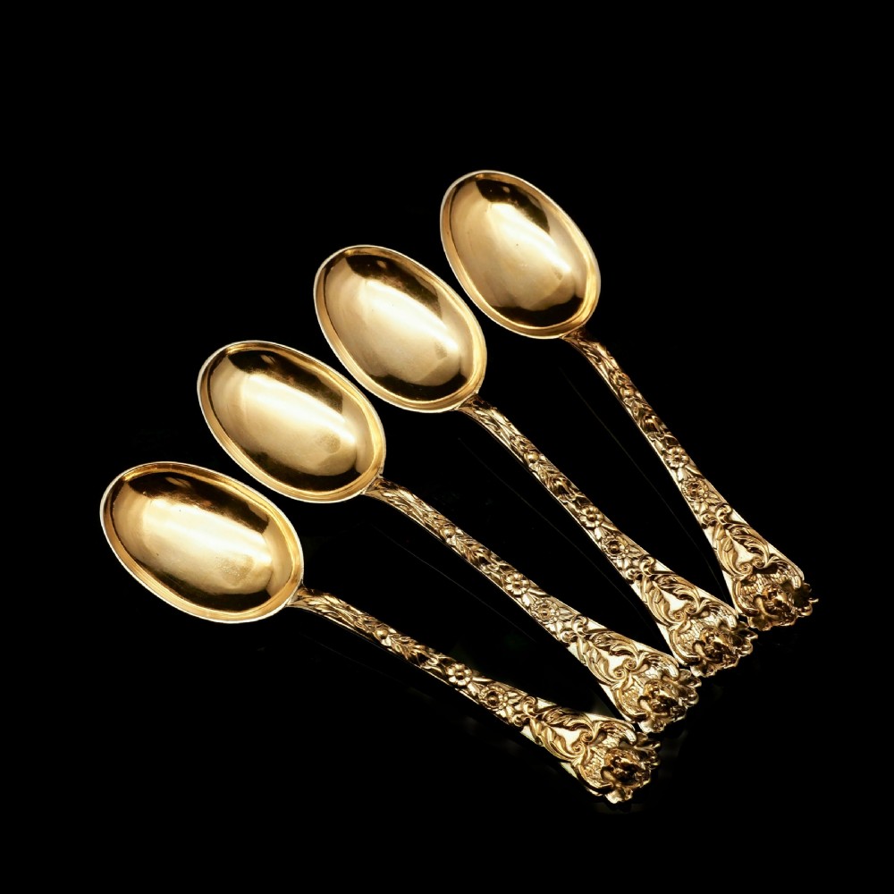An Antique Set of 4 Solid Silver Gilt Spoons with Highly Embossed Design - Henry William Curry 1871 View VIII