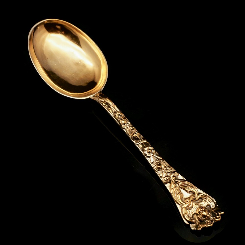 An Antique Set of 4 Solid Silver Gilt Spoons with Highly Embossed Design - Henry William Curry 1871 View IX