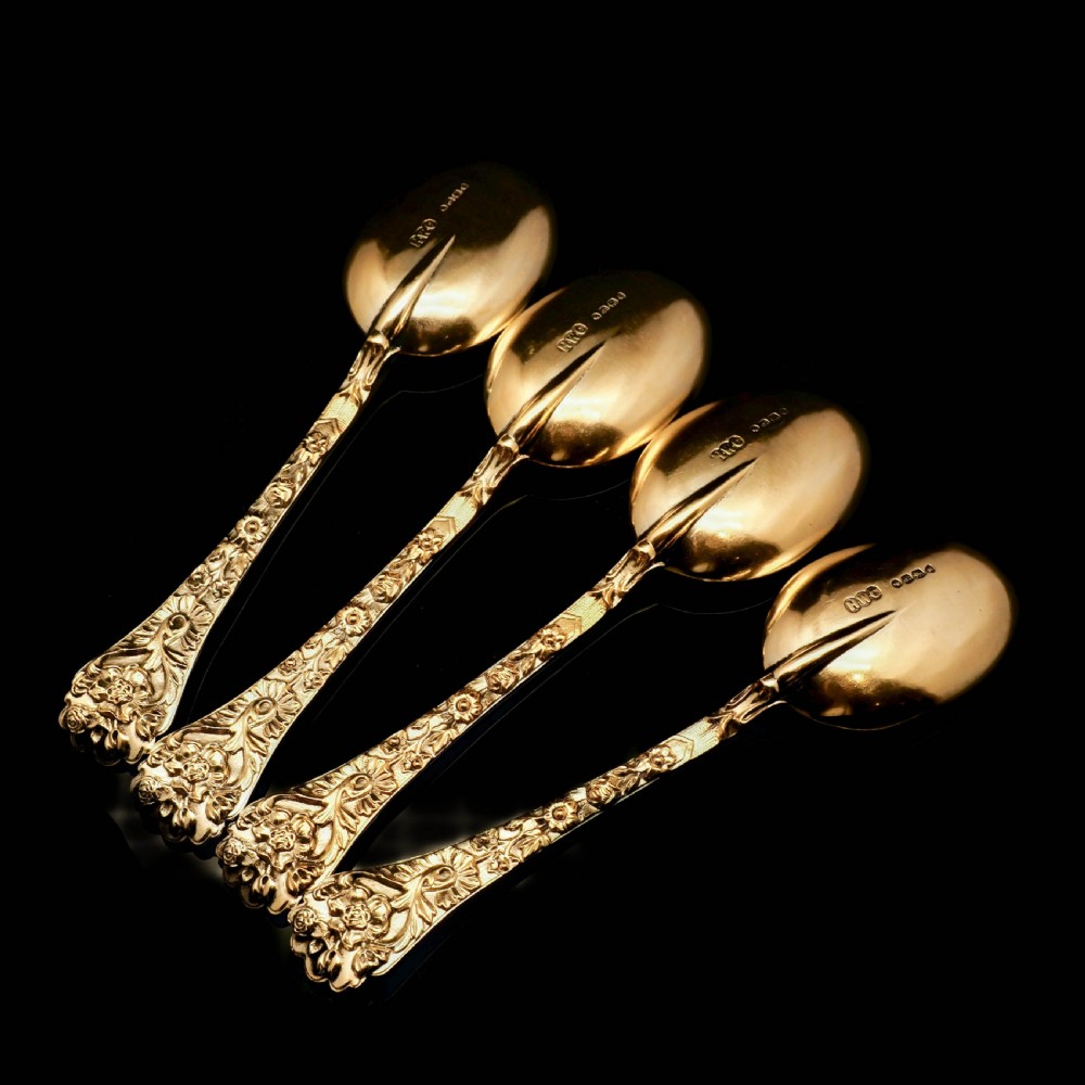 An Antique Set of 4 Solid Silver Gilt Spoons with Highly Embossed Design - Henry William Curry 1871 View X