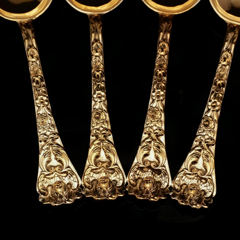 An Antique Set of 4 Solid Silver Gilt Spoons with Highly Embossed Design - Henry William Curry 1871 View XIII