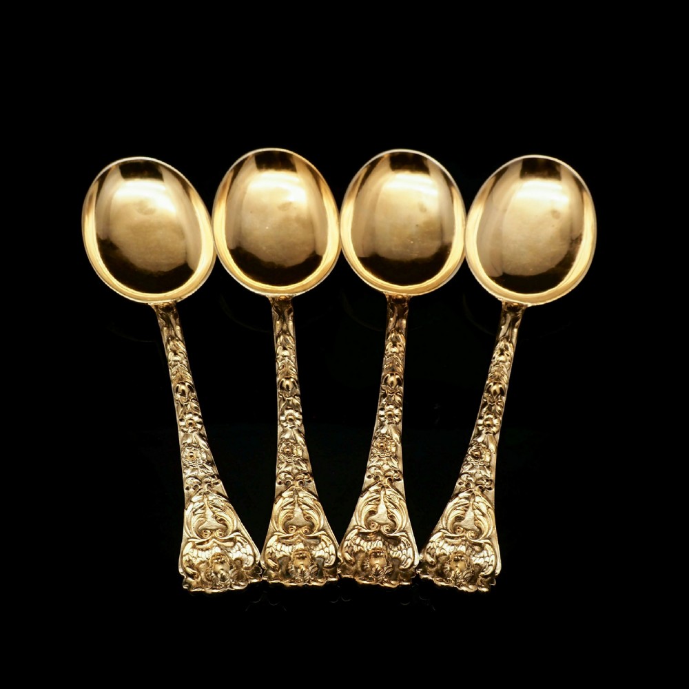 An Antique Set of 4 Solid Silver Gilt Spoons with Highly Embossed Design - Henry William Curry 1871 View XIV